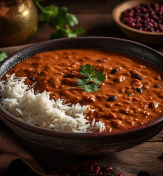 Gourmet beef curry with basmati rice and cilantro generated by artificial intelligence
