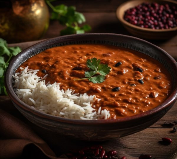 Gourmet beef curry with basmati rice and cilantro generated by artificial intelligence