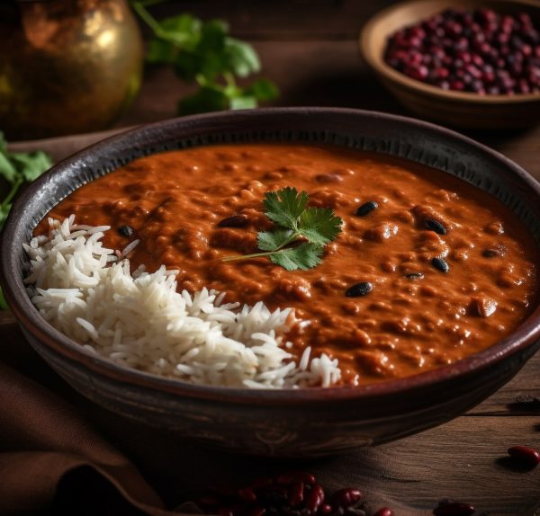 Gourmet beef curry with basmati rice and cilantro generated by artificial intelligence
