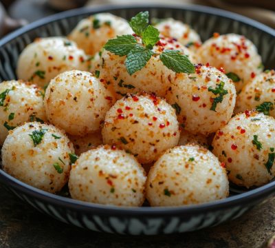 Creamy dessert served in a bowl, garnished with chopped nuts and fresh mint leaves. The dish is set on a textured surface, highlighting its rich flavors and textures.