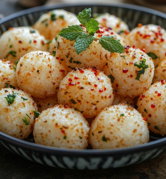 Creamy dessert served in a bowl, garnished with chopped nuts and fresh mint leaves. The dish is set on a textured surface, highlighting its rich flavors and textures.